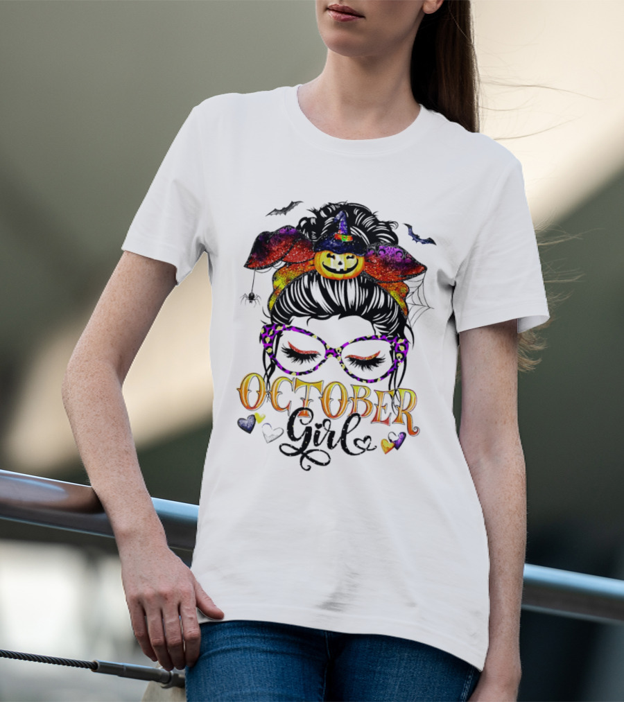 Messy Bun Pumpkin Witch Hat Spider Bats Glasses October Girl Halloween T-Shirt