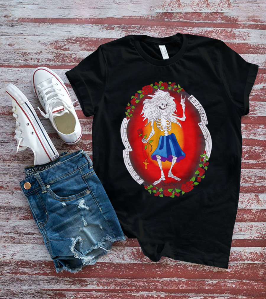 Skeleton Holding Rose With Ankh Surrounded By Roses Halloween Rosebud T-Shirt