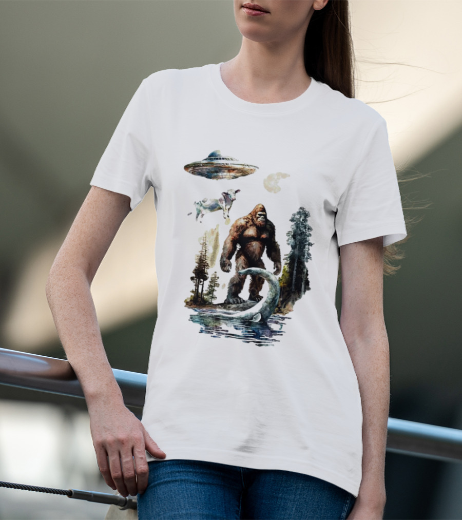 UFO Bigfoot Sasquatch Loch Ness Monster Alien Forest Scene T-Shirt