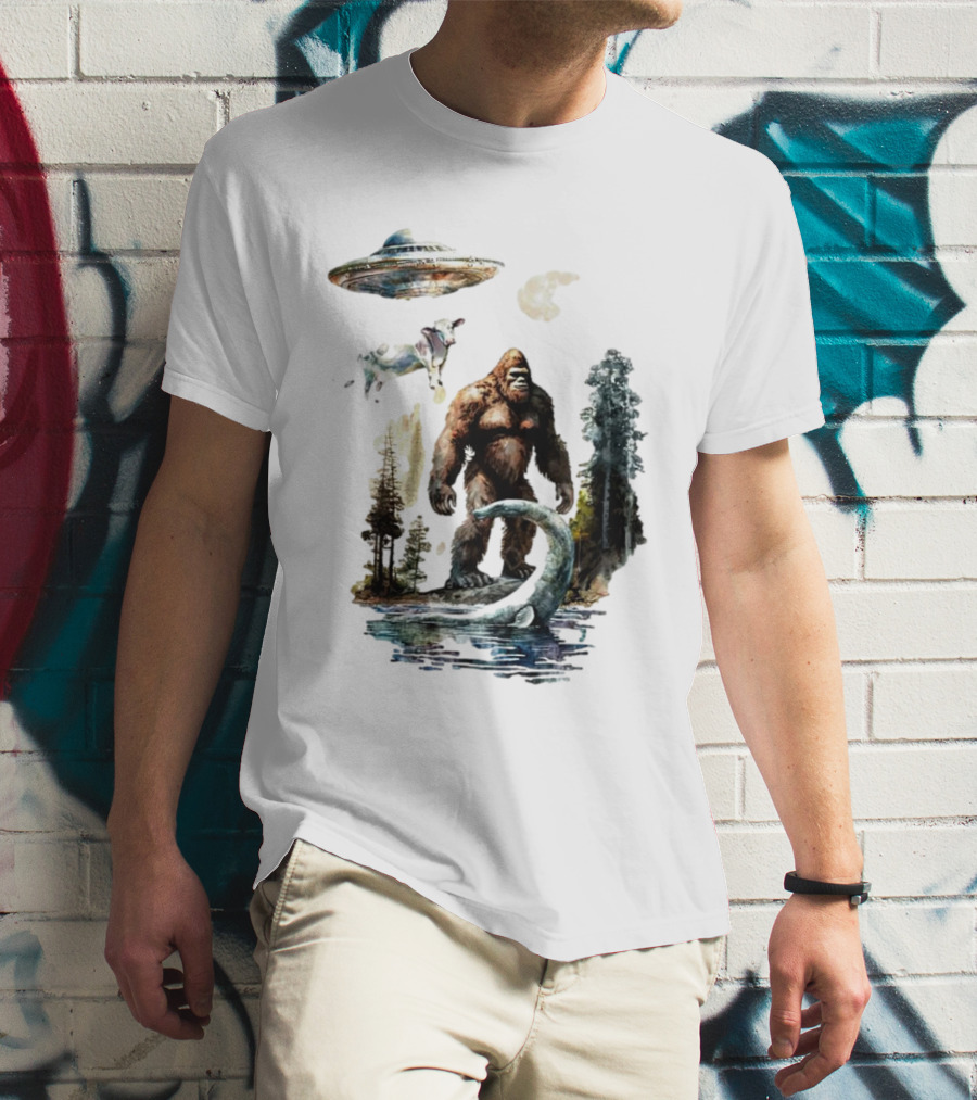 UFO Bigfoot Sasquatch Loch Ness Monster Alien Forest Scene T-Shirt