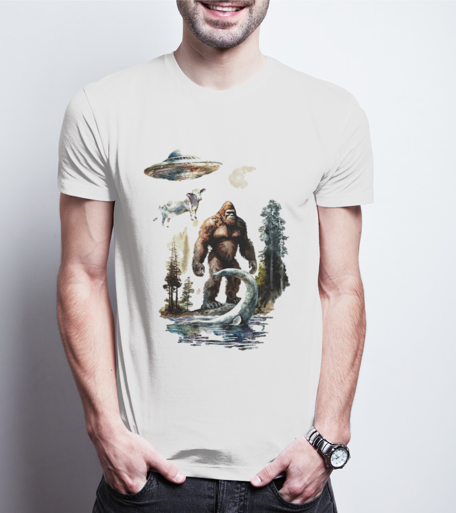 UFO Bigfoot Sasquatch Loch Ness Monster Alien Forest Scene T-Shirt