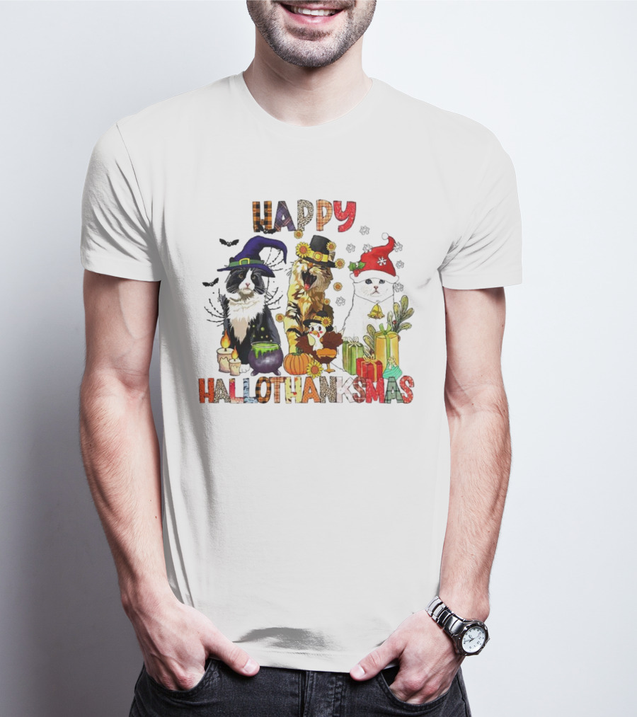 Happy Hallothanksmas Cats In Witch, Pilgrim, And Santa Hats With Pumpkins Presents And Cauldron T-Shirt
