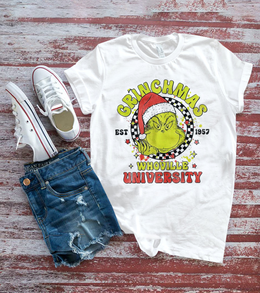 Grinchmas Whoville University Est 1957 Christmas Grinch Santa Hat T-Shirt