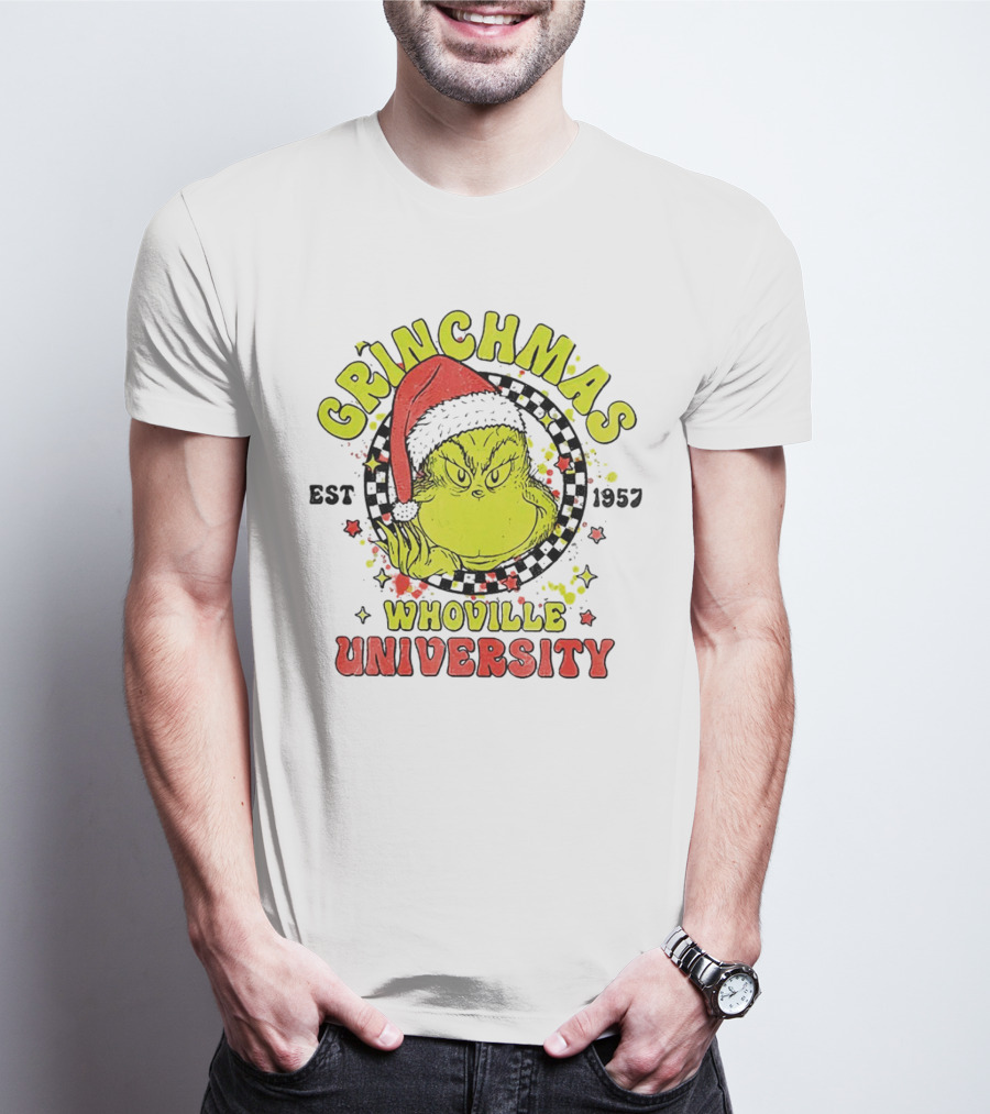 Grinchmas Whoville University Est 1957 Christmas Grinch Santa Hat T-Shirt