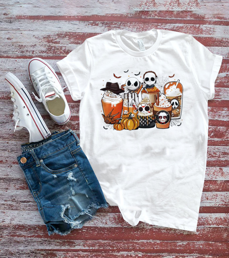 Halloween Cup Horror Funny Character Fall Pumpkin Latte Icons T-Shirt