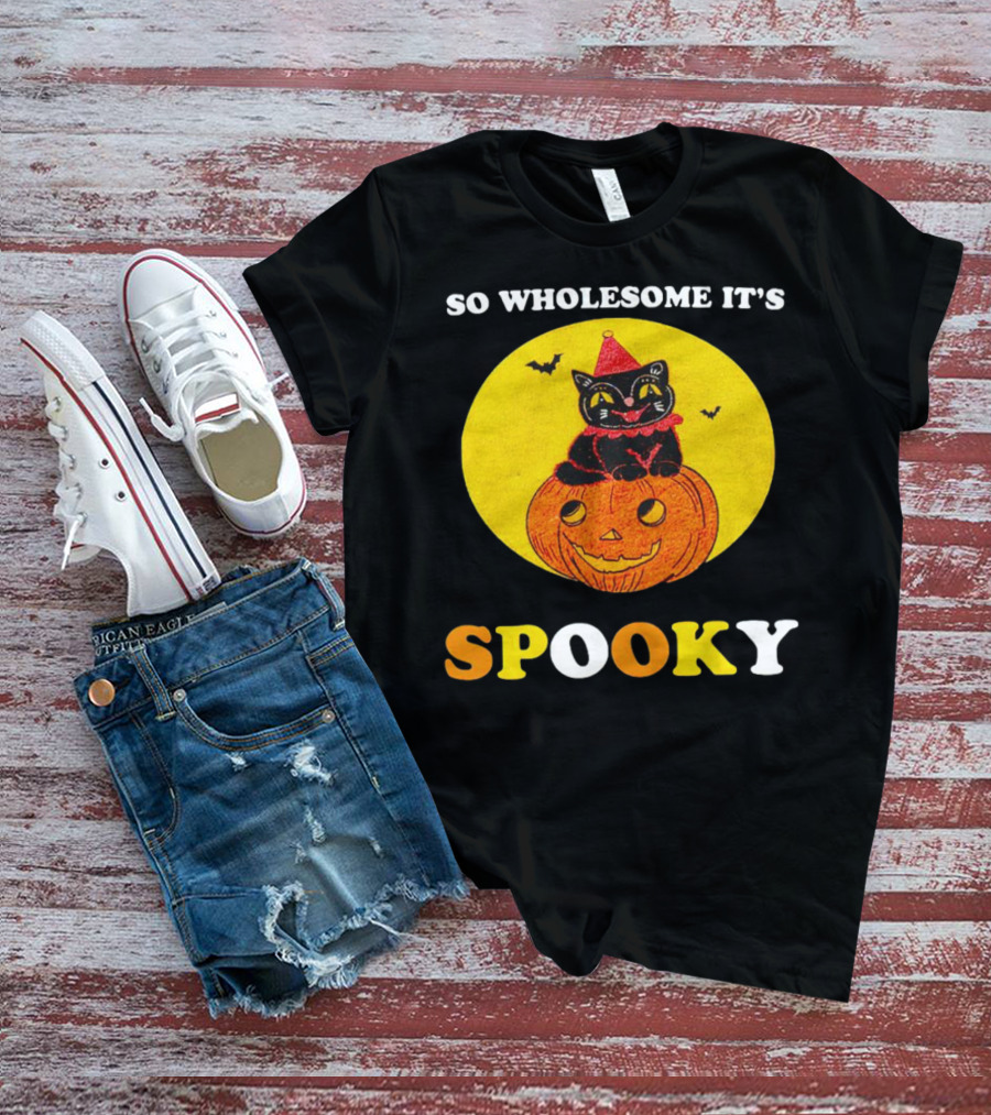 Black Cat On Jack-O'-Lantern With Bats - So Wholesome It's Spooky T-Shirt