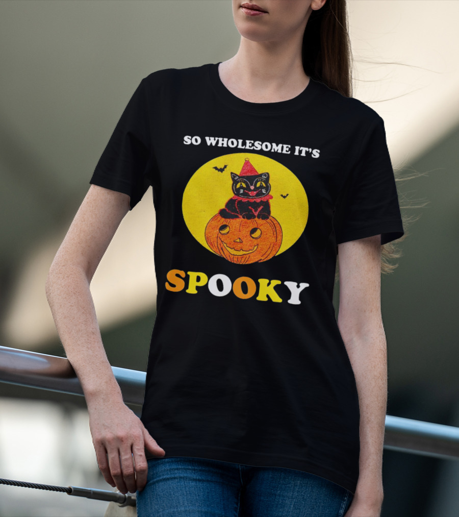 Black Cat On Jack-O'-Lantern With Bats - So Wholesome It's Spooky T-Shirt