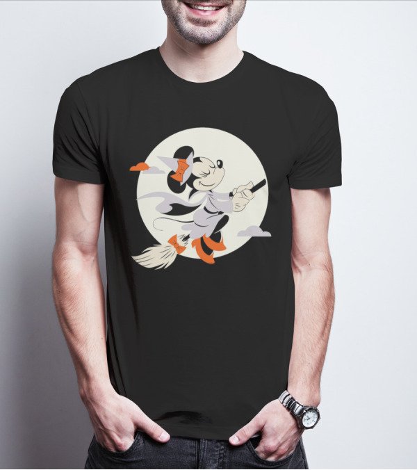 Minnie Mouse Witch Flying On Broomstick Halloween Full Moon T-Shirt