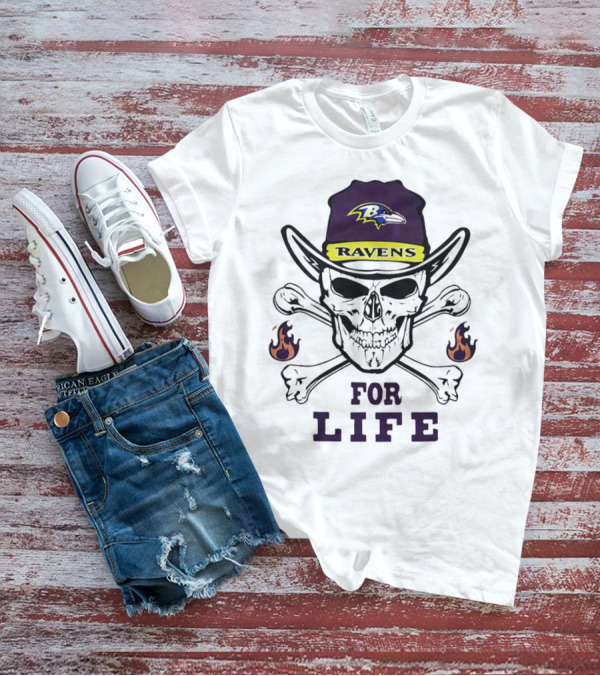 Baltimore Ravens Skull With Flames For Life T-Shirt