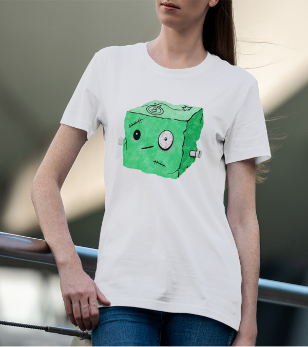 Franken Frankie Eight-Ball Cube Monster Stitched Green Block T-Shirt