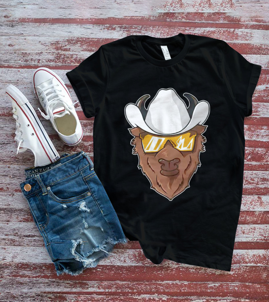 Cartoon Buffalo Wearing Cowboy Hats And Sunglasses T-Shirt
