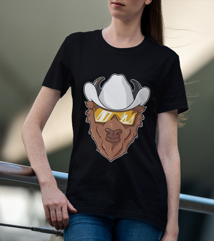 Cartoon Buffalo Wearing Cowboy Hats And Sunglasses T-Shirt