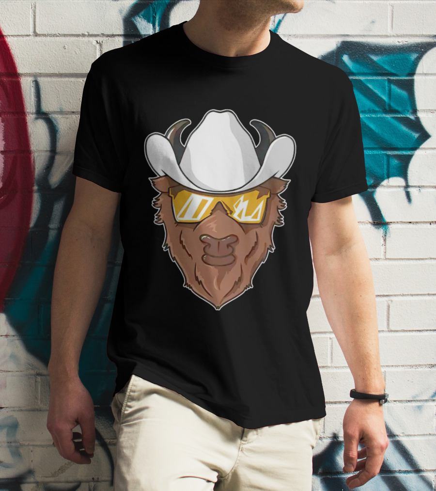 Cartoon Buffalo Wearing Cowboy Hats And Sunglasses T-Shirt