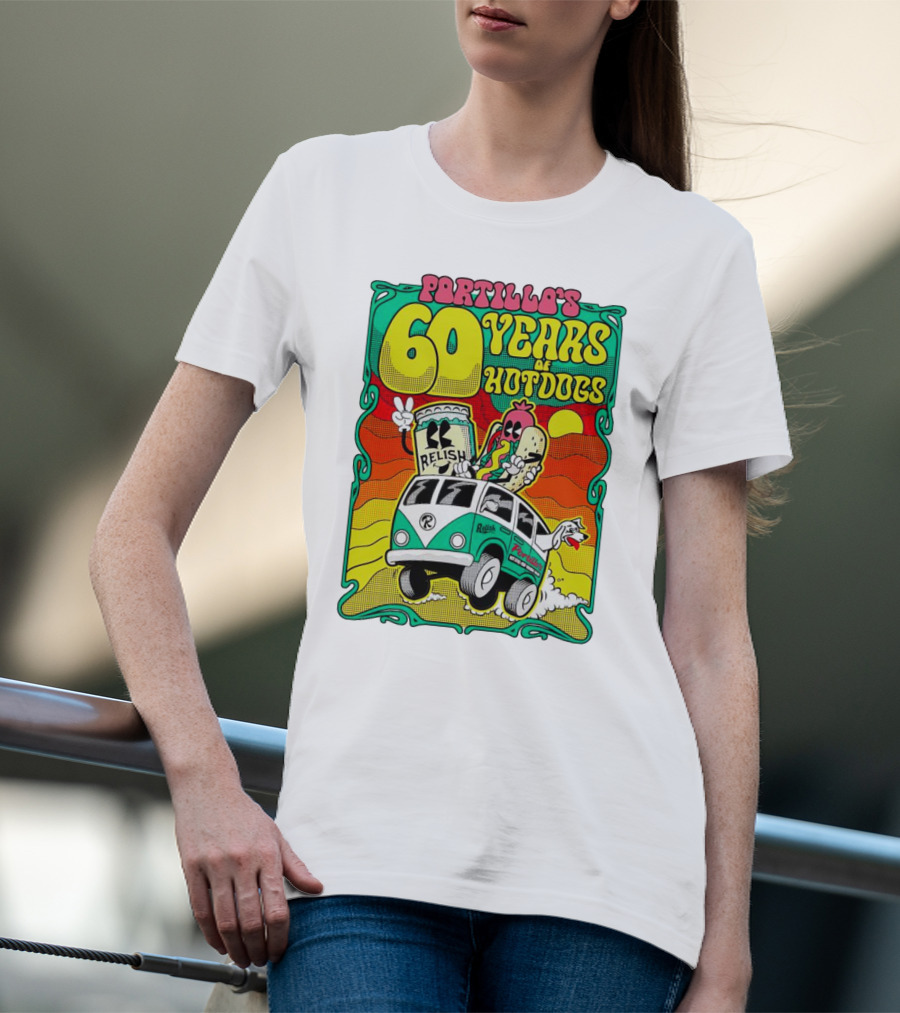 Portillo’s 60 Years Of Hotdogs Relish Relish Road Trip Cartoon Van Adventure T-Shirt