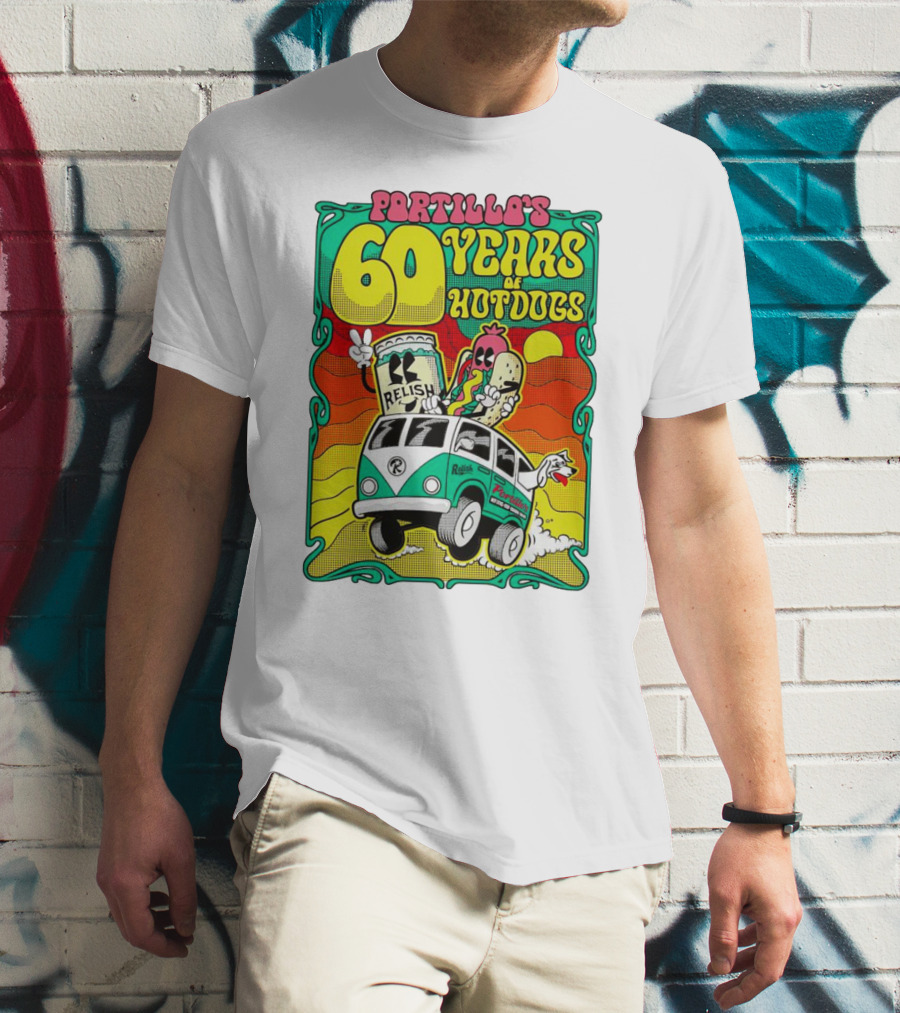 Portillo’s 60 Years Of Hotdogs Relish Relish Road Trip Cartoon Van Adventure T-Shirt