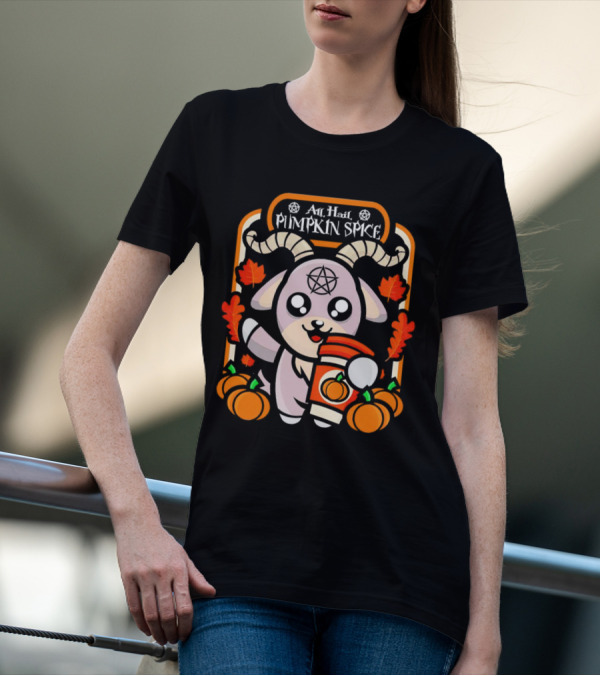 All Hail Pumpkin Spice Halloween Goat With Coffee, Pumpkins, And Pentagram T-Shirt