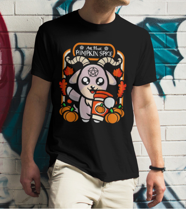 All Hail Pumpkin Spice Halloween Goat With Coffee, Pumpkins, And Pentagram T-Shirt