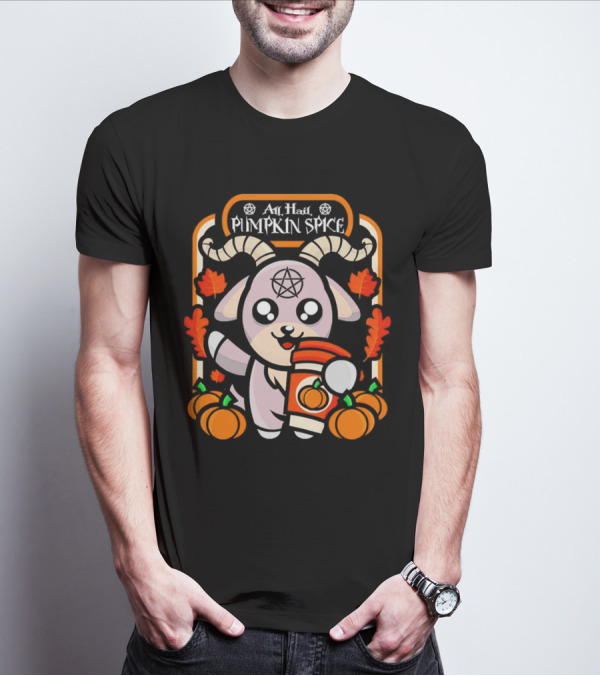 All Hail Pumpkin Spice Halloween Goat With Coffee, Pumpkins, And Pentagram T-Shirt