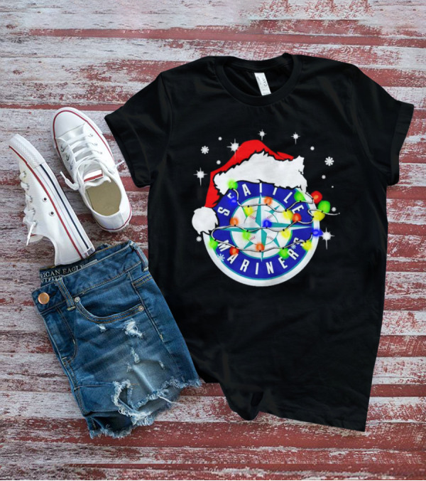 Santa Hat Seattle Mariners Christmas Lights Snowflakes T-Shirt