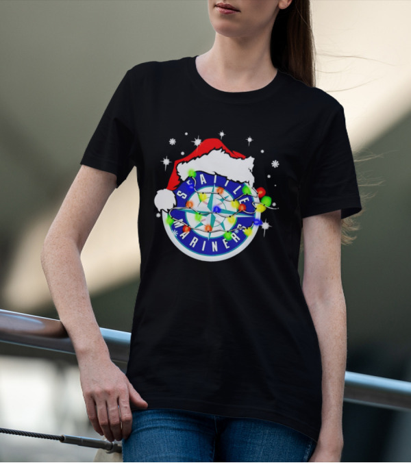 Santa Hat Seattle Mariners Christmas Lights Snowflakes T-Shirt