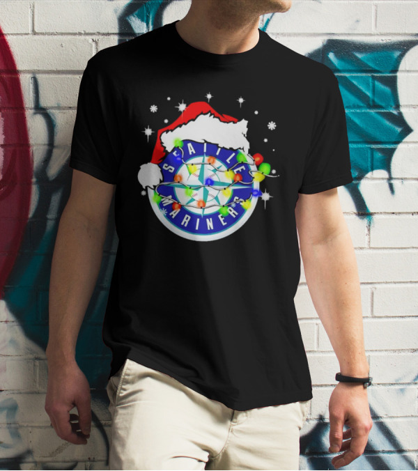 Santa Hat Seattle Mariners Christmas Lights Snowflakes T-Shirt