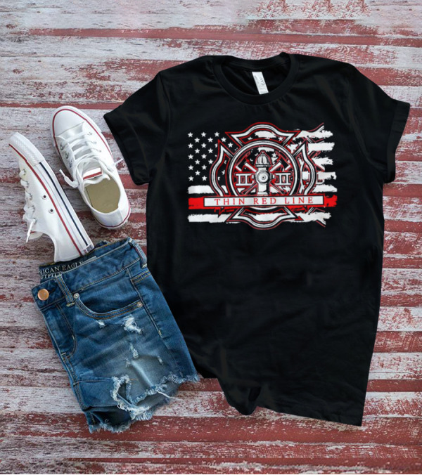 Thin Red Line USA Flag Firefighter Maltese Cross Hydrant T-Shirt
