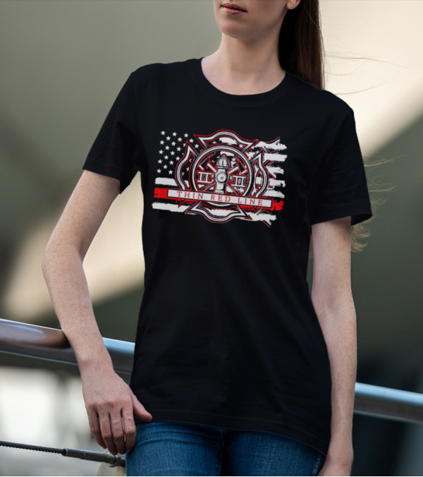 Thin Red Line USA Flag Firefighter Maltese Cross Hydrant T-Shirt