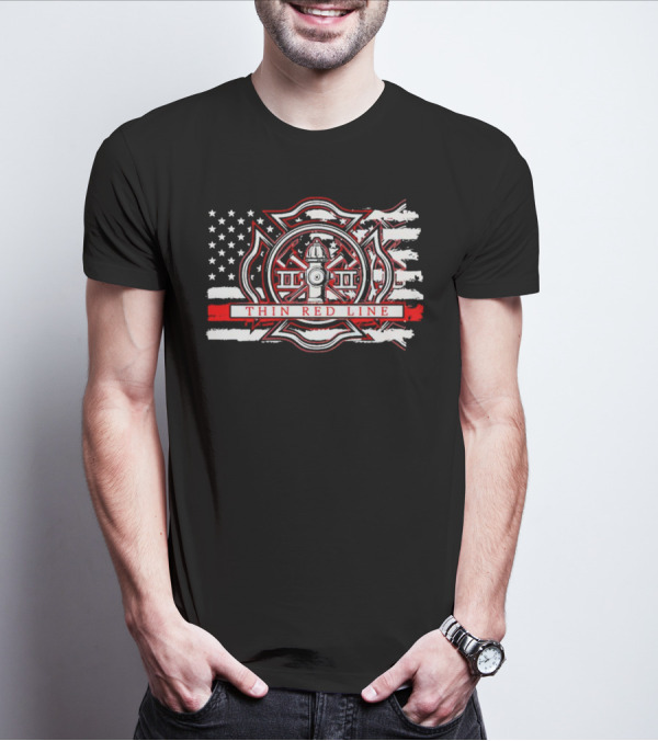 Thin Red Line USA Flag Firefighter Maltese Cross Hydrant T-Shirt