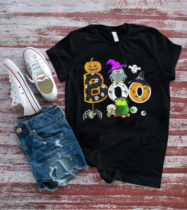 Boo Pumpkin Ghost Skull Owl Spider Witch Hat Cauldron Halloween T-Shirt