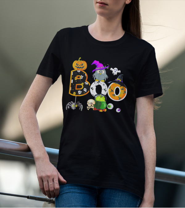 Boo Pumpkin Ghost Skull Owl Spider Witch Hat Cauldron Halloween T-Shirt