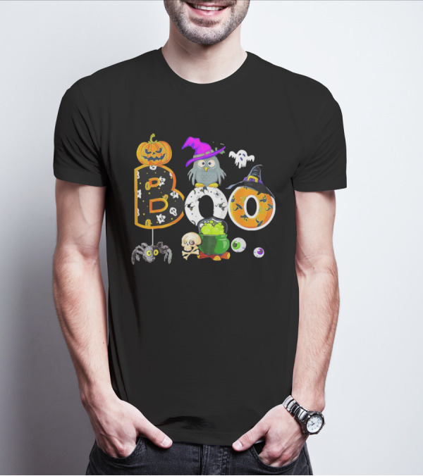 Boo Pumpkin Ghost Skull Owl Spider Witch Hat Cauldron Halloween T-Shirt