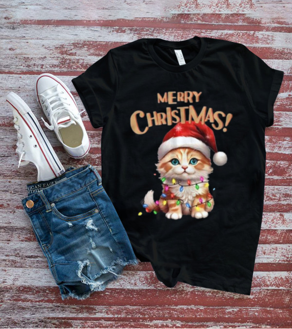 Merry Christmas Cat Santa With Lights T-Shirt