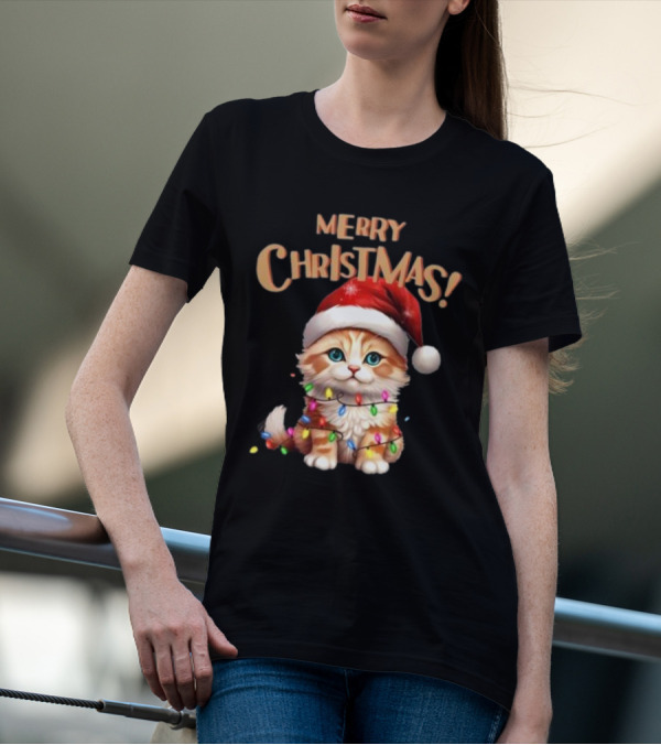 Merry Christmas Cat Santa With Lights T-Shirt