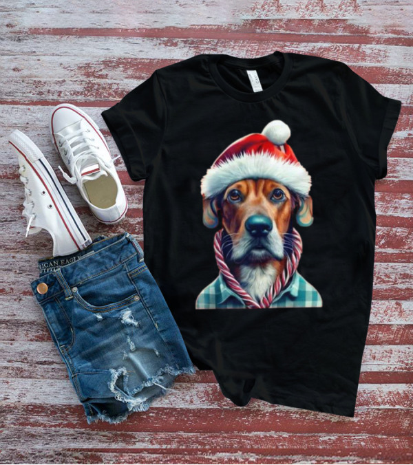 Dog In Santa Hat With Candy Cane Scarf Christmas T-Shirt