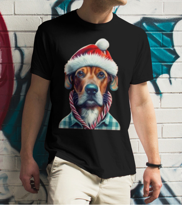 Dog In Santa Hat With Candy Cane Scarf Christmas T-Shirt