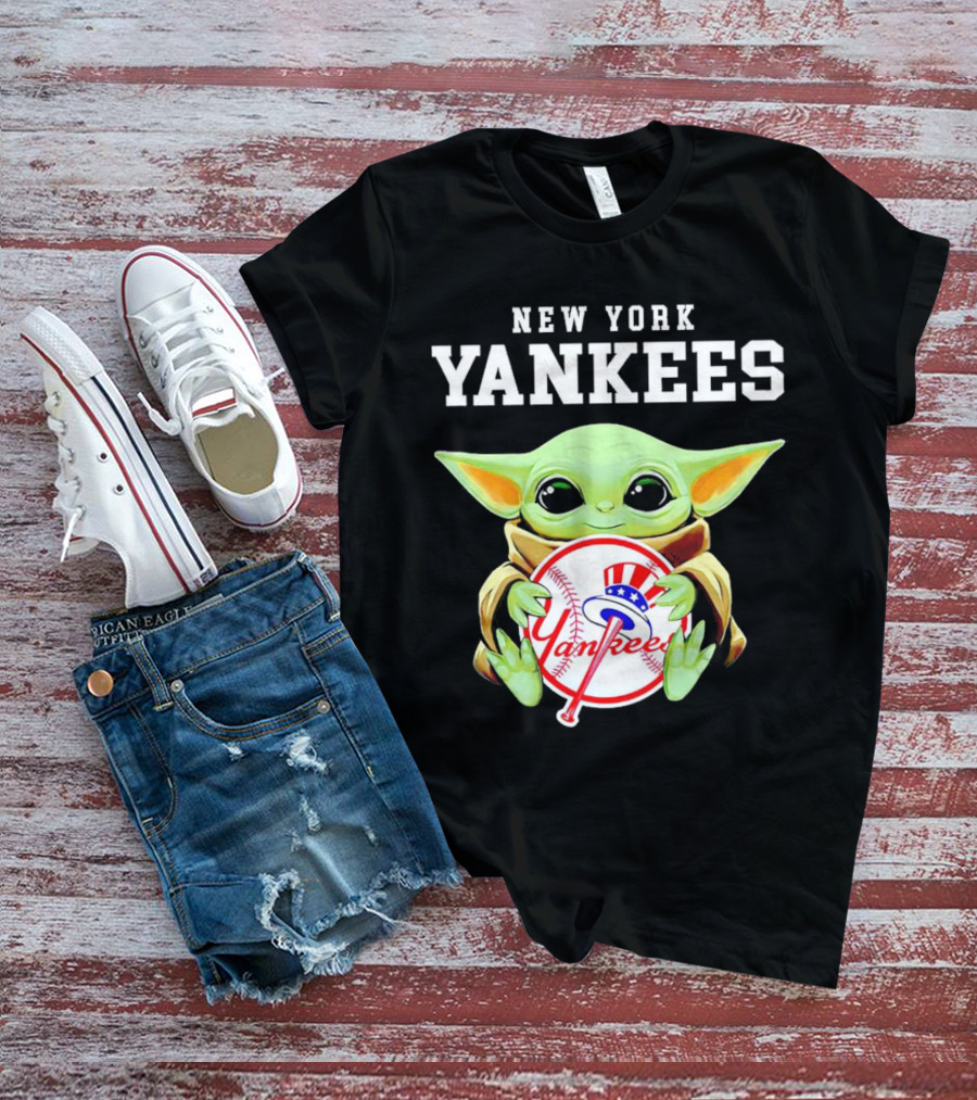 New York Yankees Baby Yoda Holding Team Baseball Emblem T-Shirt