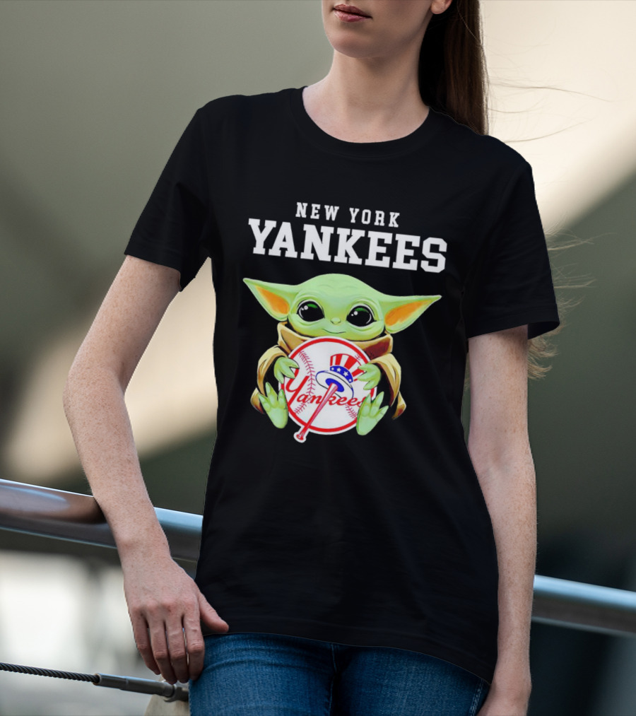 New York Yankees Baby Yoda Holding Team Baseball Emblem T-Shirt