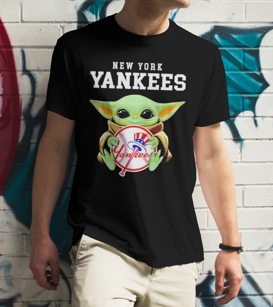 New York Yankees Baby Yoda Holding Team Baseball Emblem T-Shirt