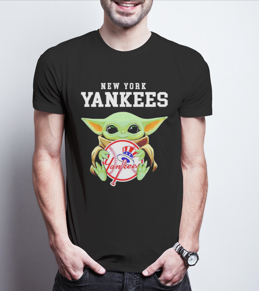 New York Yankees Baby Yoda Holding Team Baseball Emblem T-Shirt