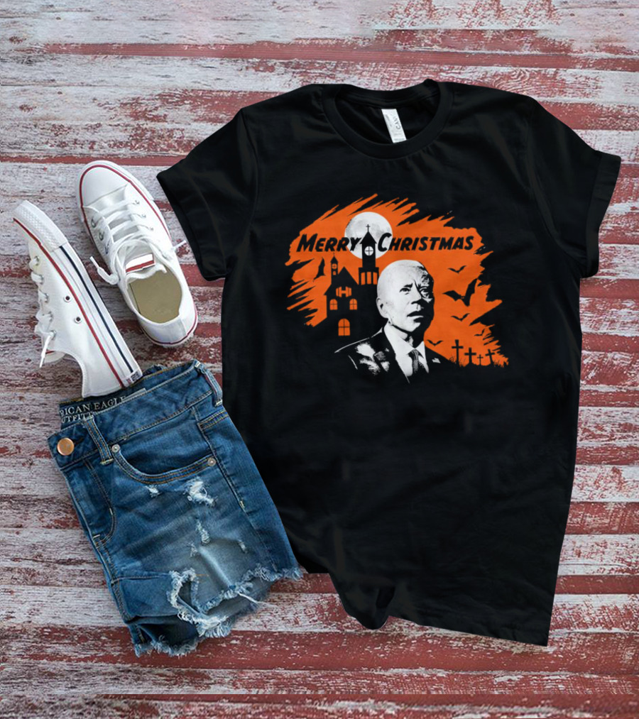 Biden Merry Christmas Halloween Haunted Church Graveyard Bats Orange Moon T-Shirt