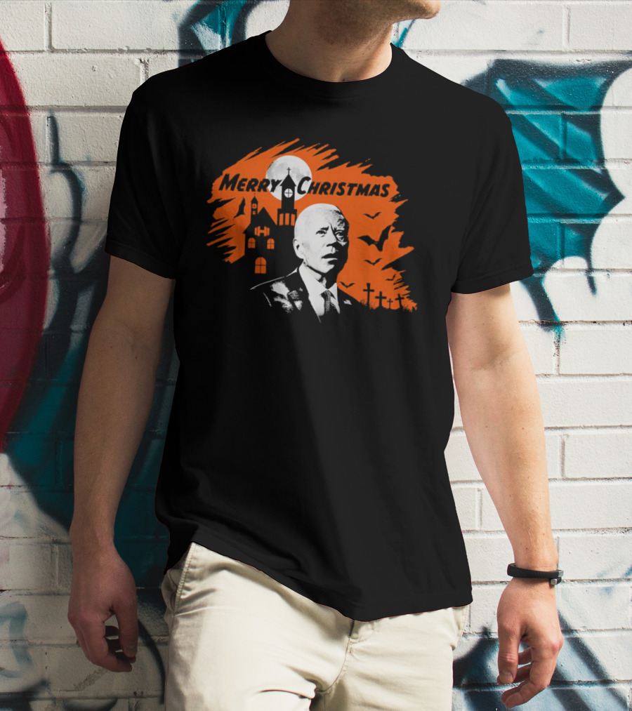 Biden Merry Christmas Halloween Haunted Church Graveyard Bats Orange Moon T-Shirt