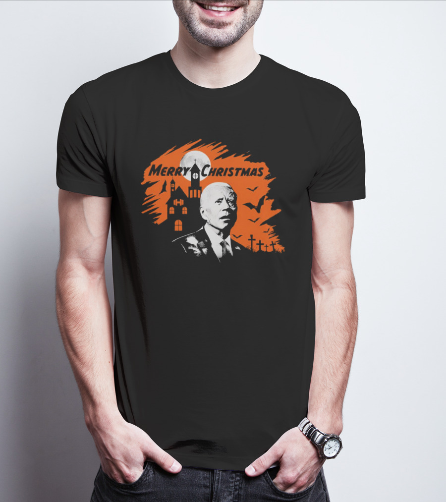 Biden Merry Christmas Halloween Haunted Church Graveyard Bats Orange Moon T-Shirt
