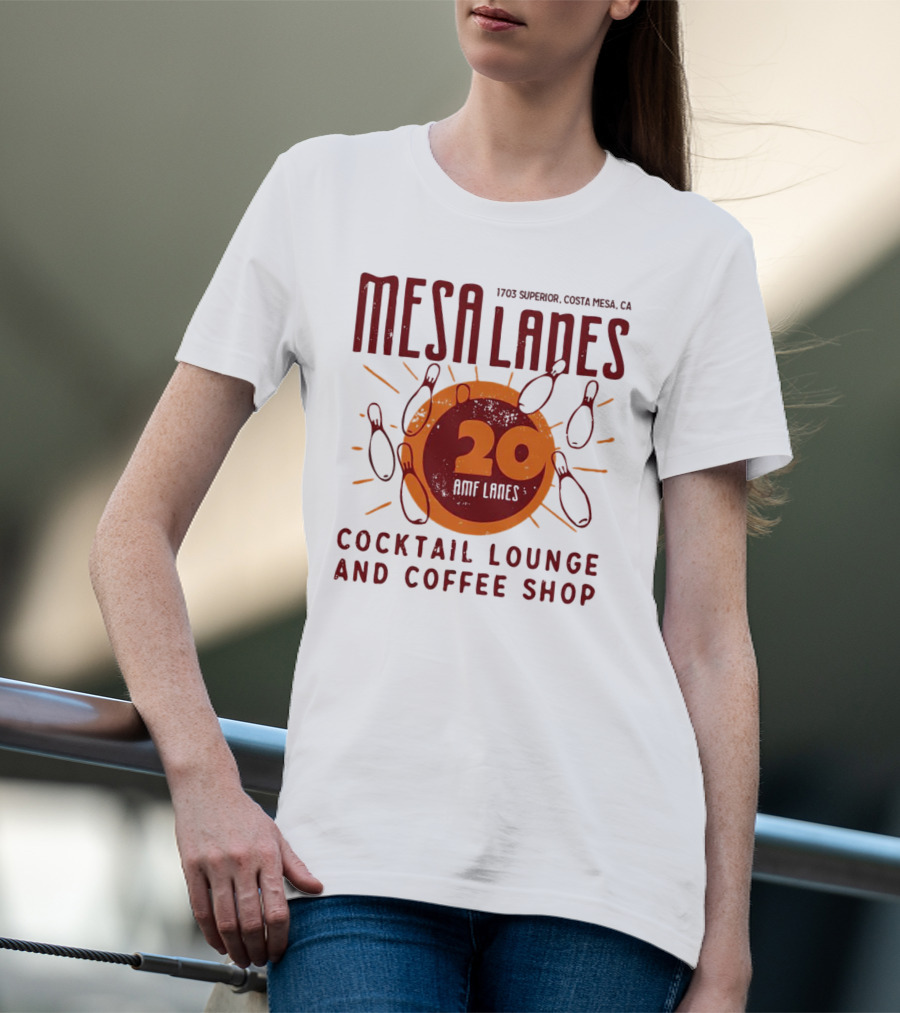 Mesa Lanes 20 Lane Costa Mesa Cocktail Lounge And Coffee Shop Retro Bowling Alley T-Shirt