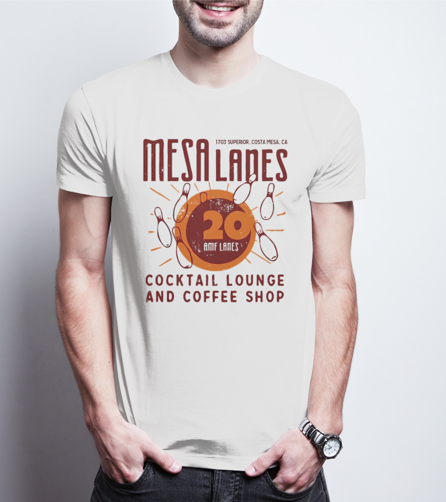 Mesa Lanes 20 Lane Costa Mesa Cocktail Lounge And Coffee Shop Retro Bowling Alley T-Shirt