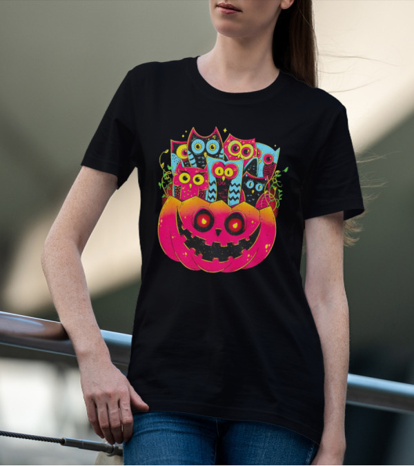 Neon Owls In Jack-o'-Lantern Halloween Party T-Shirt