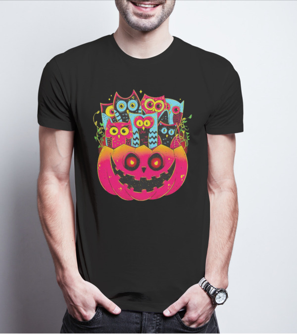 Neon Owls In Jack-o'-Lantern Halloween Party T-Shirt