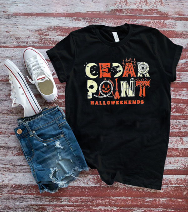 Cedar Point Halloweekends Halloween Spooky Skull Pumpkin Broomstick Haunted Tree T-Shirt