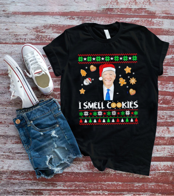 Joe Biden I Smell Cookies Christmas Santa Hat Gingerbread Snowflakes Holiday T-Shirt