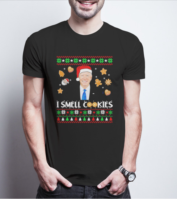 Joe Biden I Smell Cookies Christmas Santa Hat Gingerbread Snowflakes Holiday T-Shirt