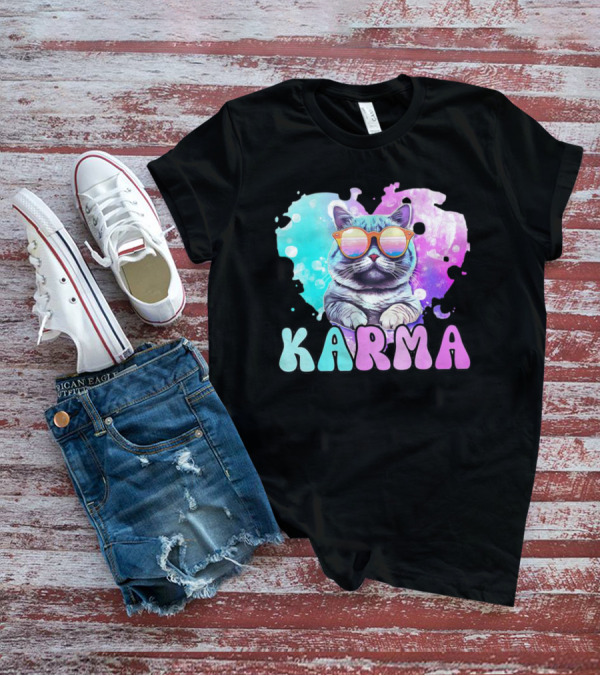 Karma Cat In Sunglasses With Heart-Shaped Watercolor Background T-Shirt